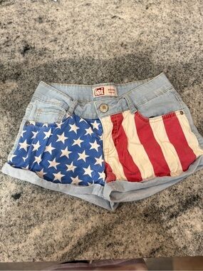lei Flag Patchwork Denim Shorts in Red, White & Blue
